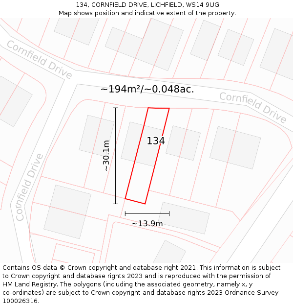 134, CORNFIELD DRIVE, LICHFIELD, WS14 9UG: Plot and title map