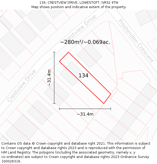 134, CRESTVIEW DRIVE, LOWESTOFT, NR32 4TW: Plot and title map