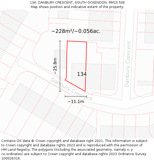 134, DANBURY CRESCENT, SOUTH OCKENDON, RM15 5XE: Plot and title map