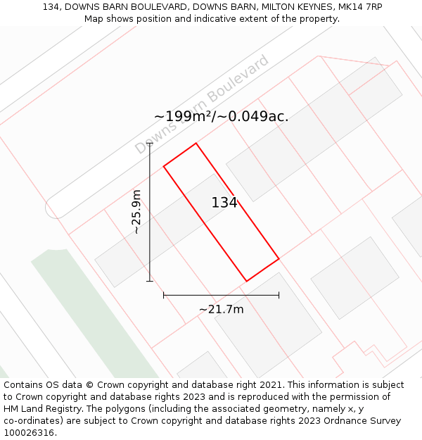 134, DOWNS BARN BOULEVARD, DOWNS BARN, MILTON KEYNES, MK14 7RP: Plot and title map