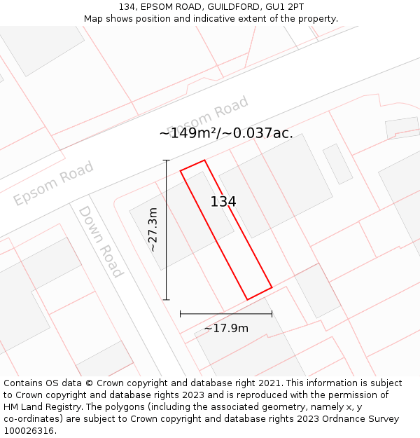 134, EPSOM ROAD, GUILDFORD, GU1 2PT: Plot and title map
