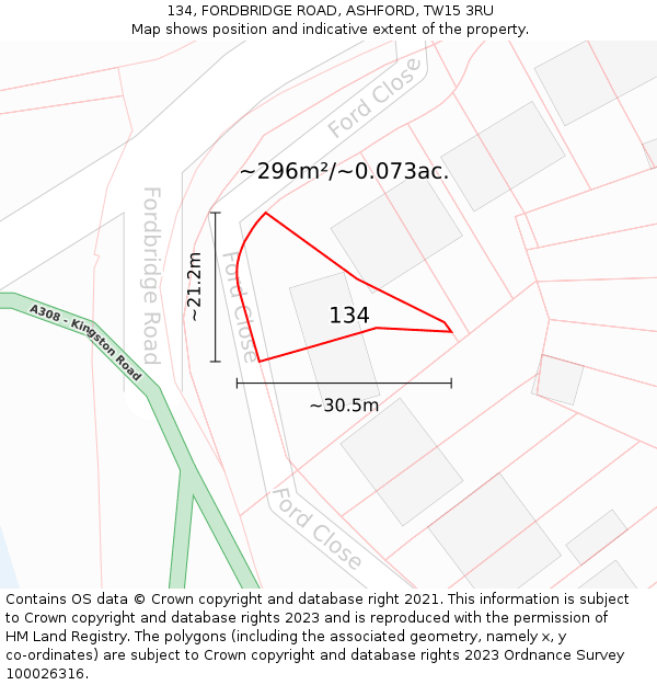 134, FORDBRIDGE ROAD, ASHFORD, TW15 3RU: Plot and title map