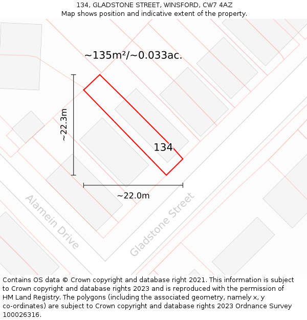 134, GLADSTONE STREET, WINSFORD, CW7 4AZ: Plot and title map