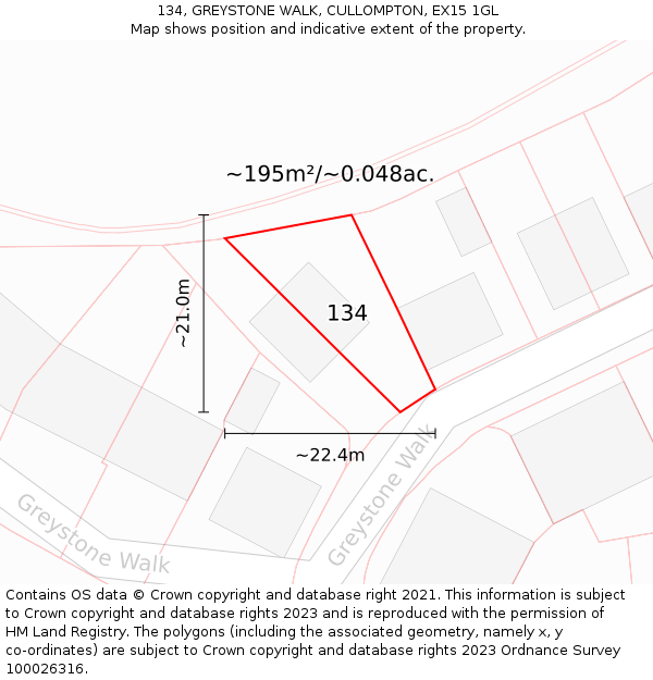 134, GREYSTONE WALK, CULLOMPTON, EX15 1GL: Plot and title map