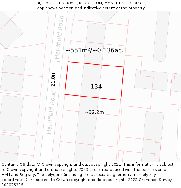134, HARDFIELD ROAD, MIDDLETON, MANCHESTER, M24 1JH: Plot and title map