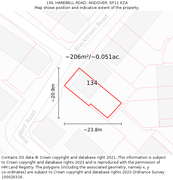 134, HAREBELL ROAD, ANDOVER, SP11 6ZA: Plot and title map