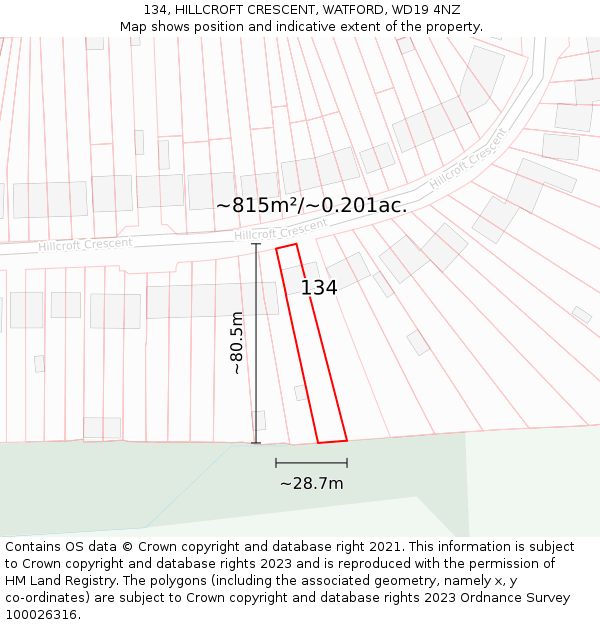 134, HILLCROFT CRESCENT, WATFORD, WD19 4NZ: Plot and title map