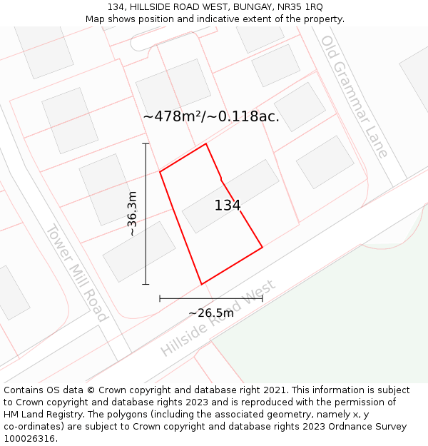 134, HILLSIDE ROAD WEST, BUNGAY, NR35 1RQ: Plot and title map