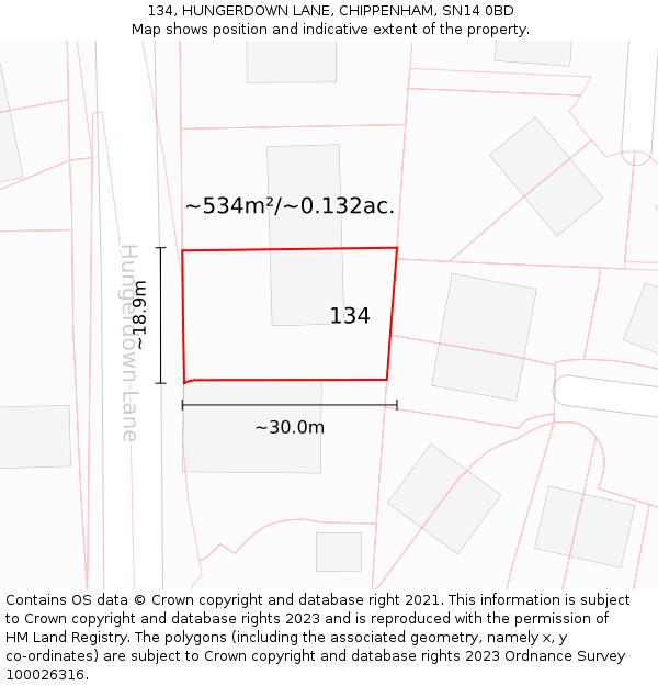 134, HUNGERDOWN LANE, CHIPPENHAM, SN14 0BD: Plot and title map