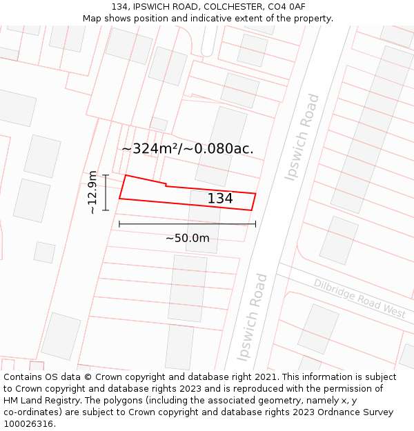 134, IPSWICH ROAD, COLCHESTER, CO4 0AF: Plot and title map