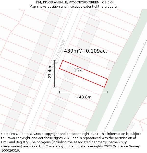 134, KINGS AVENUE, WOODFORD GREEN, IG8 0JQ: Plot and title map