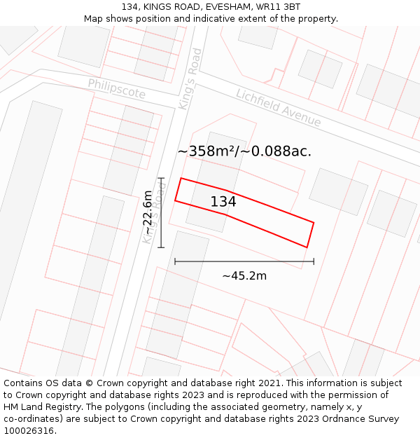 134, KINGS ROAD, EVESHAM, WR11 3BT: Plot and title map