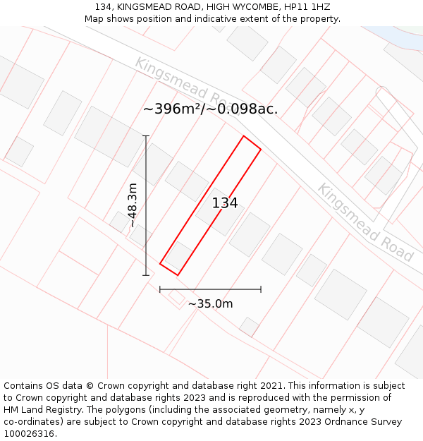134, KINGSMEAD ROAD, HIGH WYCOMBE, HP11 1HZ: Plot and title map