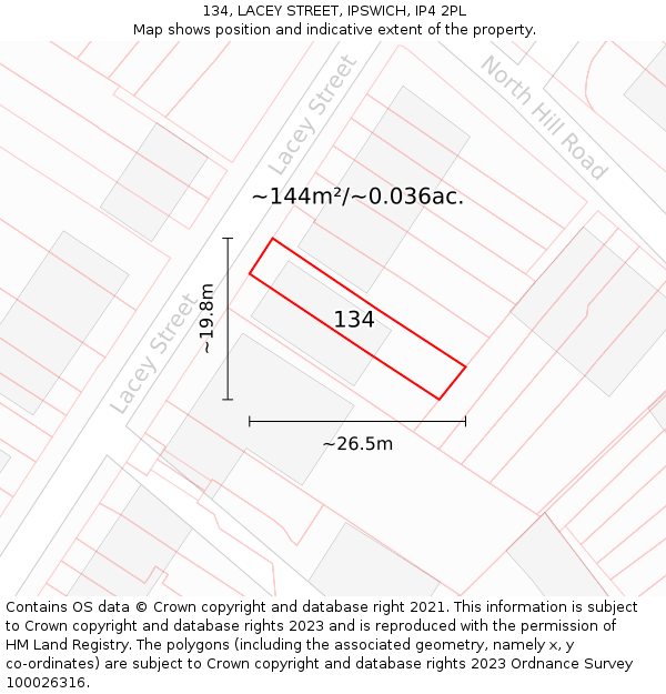 134, LACEY STREET, IPSWICH, IP4 2PL: Plot and title map