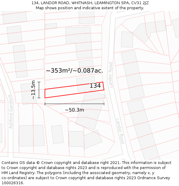 134, LANDOR ROAD, WHITNASH, LEAMINGTON SPA, CV31 2JZ: Plot and title map