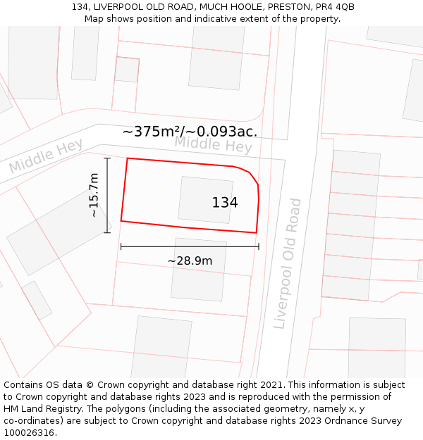 134, LIVERPOOL OLD ROAD, MUCH HOOLE, PRESTON, PR4 4QB: Plot and title map