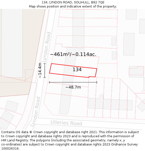 134, LYNDON ROAD, SOLIHULL, B92 7QE: Plot and title map