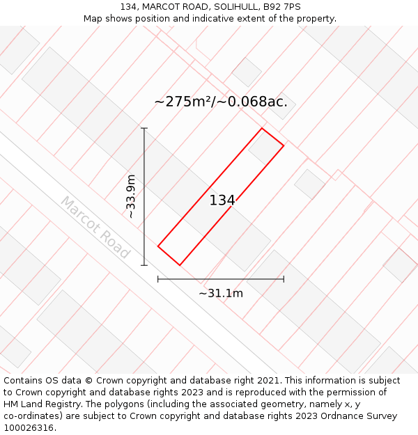 134, MARCOT ROAD, SOLIHULL, B92 7PS: Plot and title map
