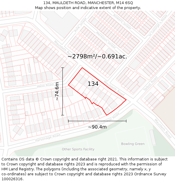 134, MAULDETH ROAD, MANCHESTER, M14 6SQ: Plot and title map