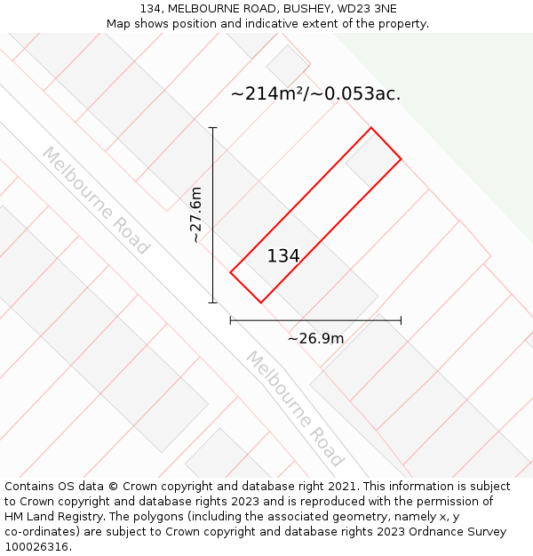 134, MELBOURNE ROAD, BUSHEY, WD23 3NE: Plot and title map