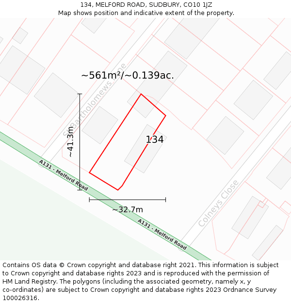 134, MELFORD ROAD, SUDBURY, CO10 1JZ: Plot and title map