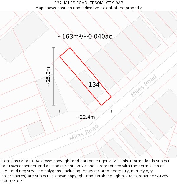134, MILES ROAD, EPSOM, KT19 9AB: Plot and title map