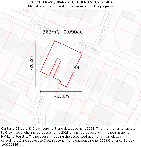 134, MILLER WAY, BRAMPTON, HUNTINGDON, PE28 4UA: Plot and title map