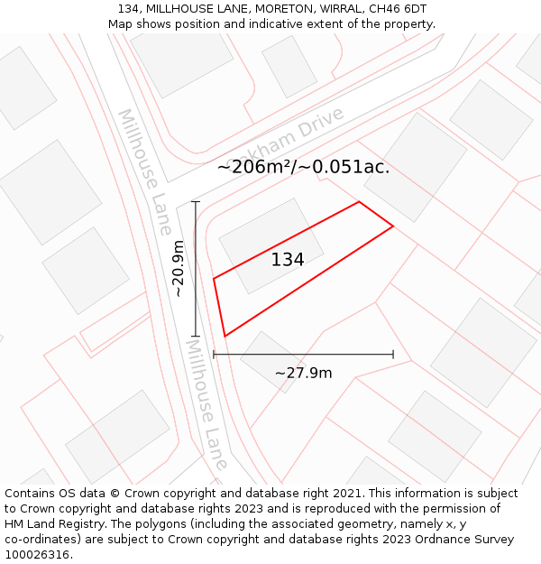 134, MILLHOUSE LANE, MORETON, WIRRAL, CH46 6DT: Plot and title map