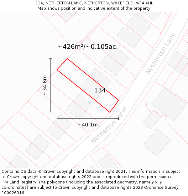 134, NETHERTON LANE, NETHERTON, WAKEFIELD, WF4 4HL: Plot and title map