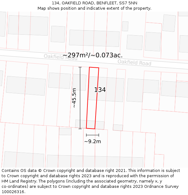 134, OAKFIELD ROAD, BENFLEET, SS7 5NN: Plot and title map