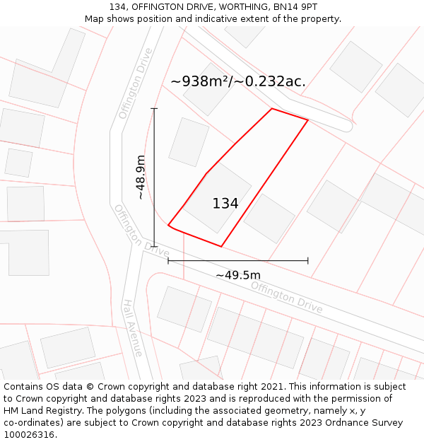 134, OFFINGTON DRIVE, WORTHING, BN14 9PT: Plot and title map