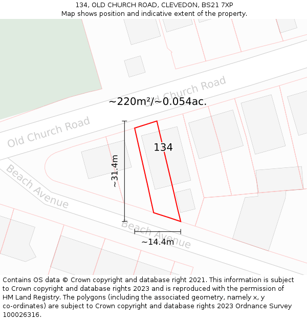 134, OLD CHURCH ROAD, CLEVEDON, BS21 7XP: Plot and title map