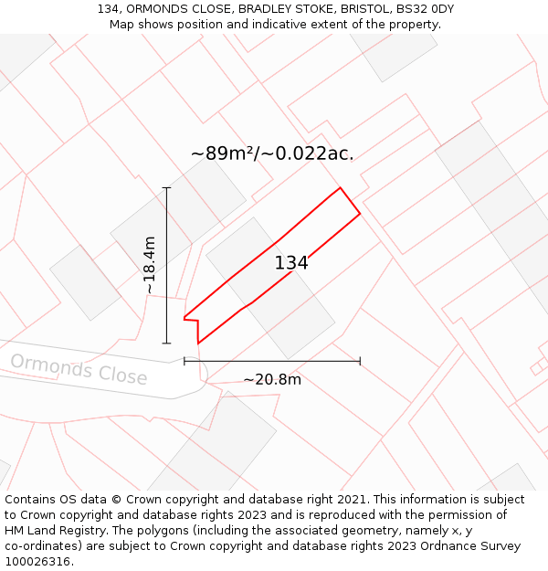 134, ORMONDS CLOSE, BRADLEY STOKE, BRISTOL, BS32 0DY: Plot and title map