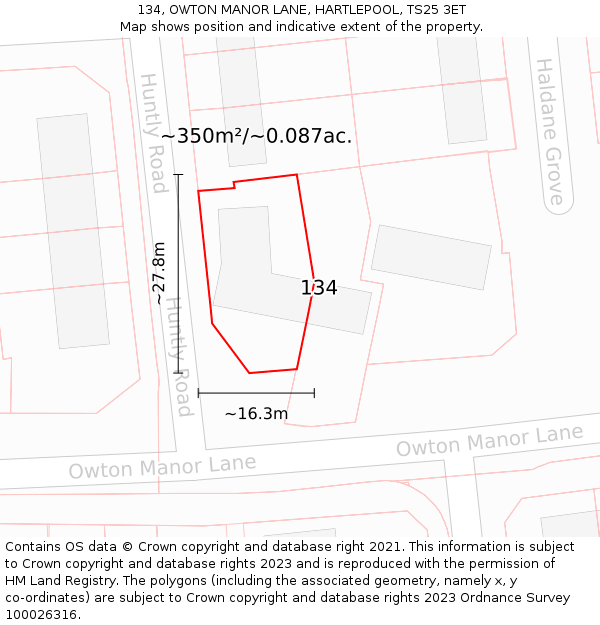 134, OWTON MANOR LANE, HARTLEPOOL, TS25 3ET: Plot and title map