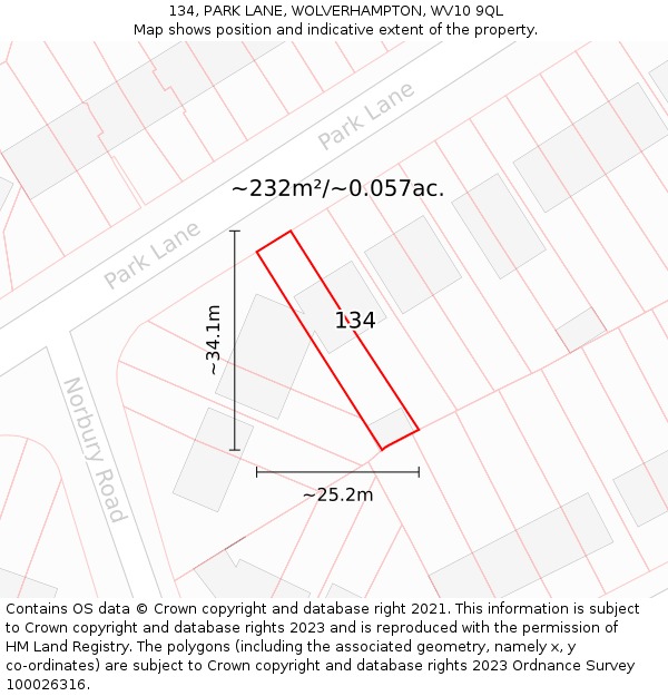 134, PARK LANE, WOLVERHAMPTON, WV10 9QL: Plot and title map