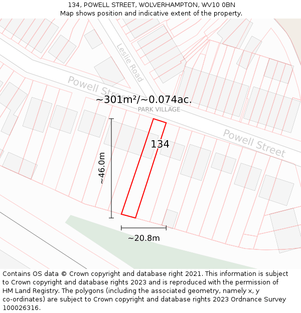 134, POWELL STREET, WOLVERHAMPTON, WV10 0BN: Plot and title map