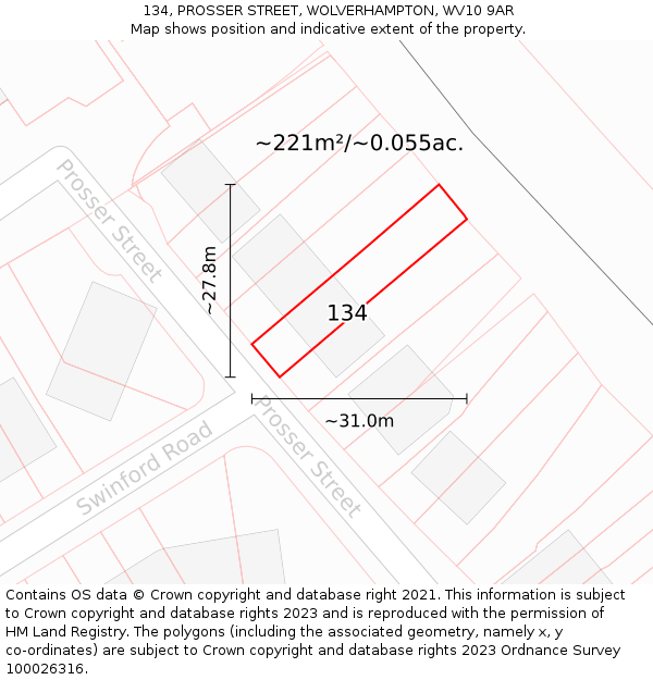 134, PROSSER STREET, WOLVERHAMPTON, WV10 9AR: Plot and title map