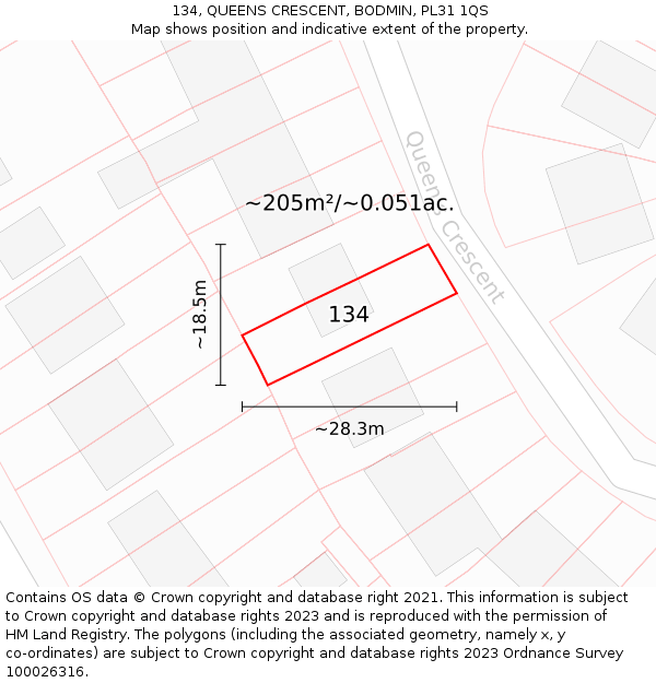 134, QUEENS CRESCENT, BODMIN, PL31 1QS: Plot and title map