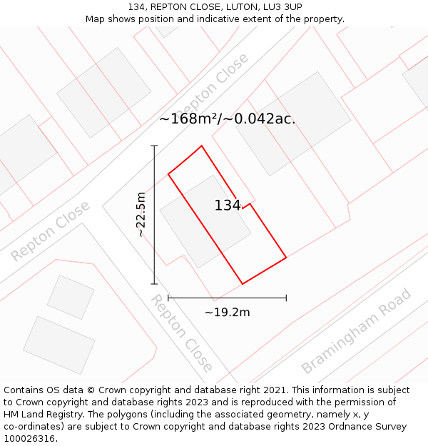 134, REPTON CLOSE, LUTON, LU3 3UP: Plot and title map