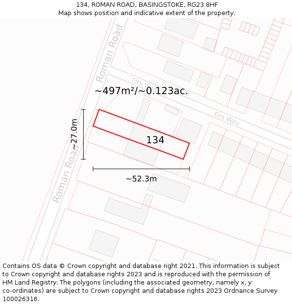 134, ROMAN ROAD, BASINGSTOKE, RG23 8HF: Plot and title map
