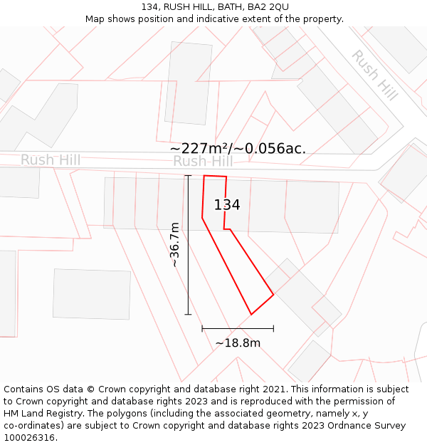 134, RUSH HILL, BATH, BA2 2QU: Plot and title map