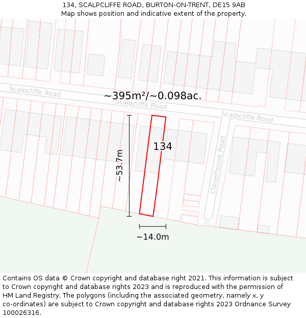 134, SCALPCLIFFE ROAD, BURTON-ON-TRENT, DE15 9AB: Plot and title map