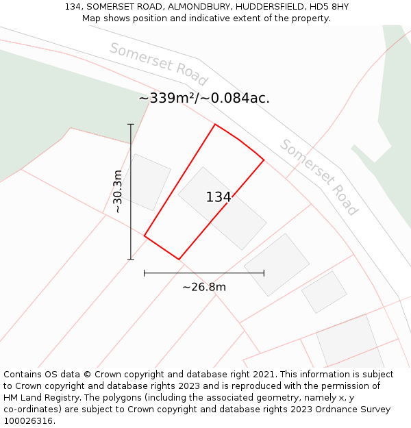 134, SOMERSET ROAD, ALMONDBURY, HUDDERSFIELD, HD5 8HY: Plot and title map