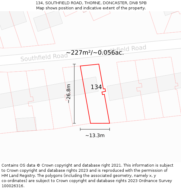 134, SOUTHFIELD ROAD, THORNE, DONCASTER, DN8 5PB: Plot and title map