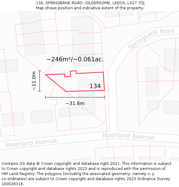 134, SPRINGBANK ROAD, GILDERSOME, LEEDS, LS27 7DJ: Plot and title map