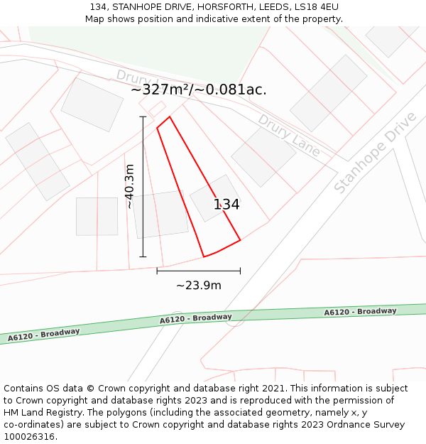 134, STANHOPE DRIVE, HORSFORTH, LEEDS, LS18 4EU: Plot and title map