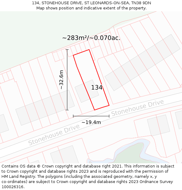 134, STONEHOUSE DRIVE, ST LEONARDS-ON-SEA, TN38 9DN: Plot and title map