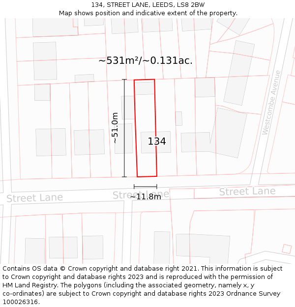 134, STREET LANE, LEEDS, LS8 2BW: Plot and title map