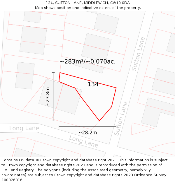 134, SUTTON LANE, MIDDLEWICH, CW10 0DA: Plot and title map