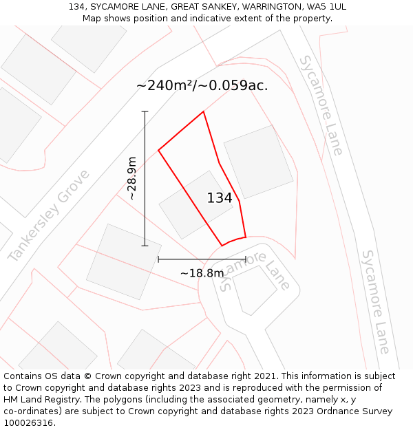 134, SYCAMORE LANE, GREAT SANKEY, WARRINGTON, WA5 1UL: Plot and title map